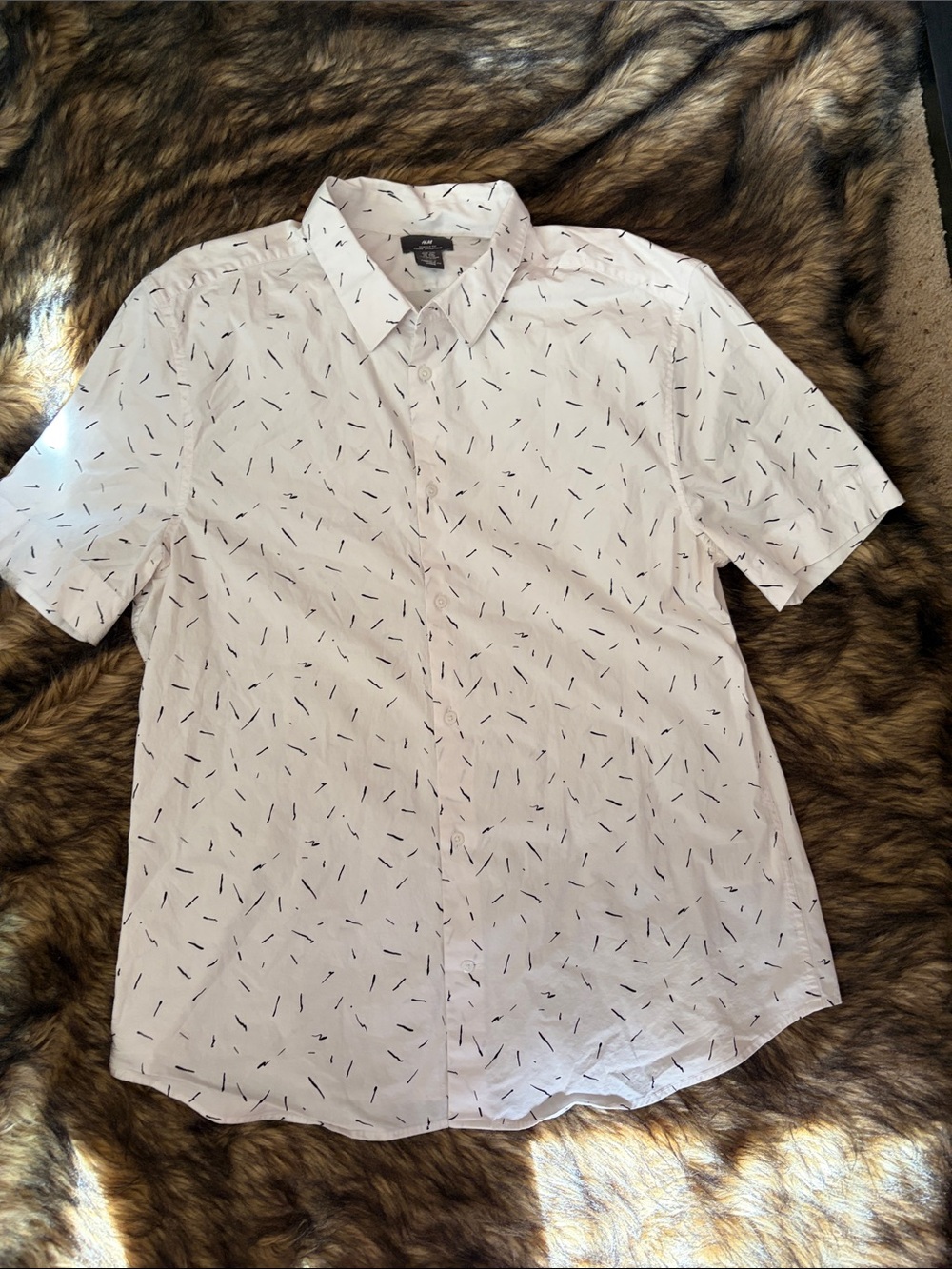 H&M Muscle Fit Short Sleeve Button Up Shirt White/Black Dash Pattern Size XXL